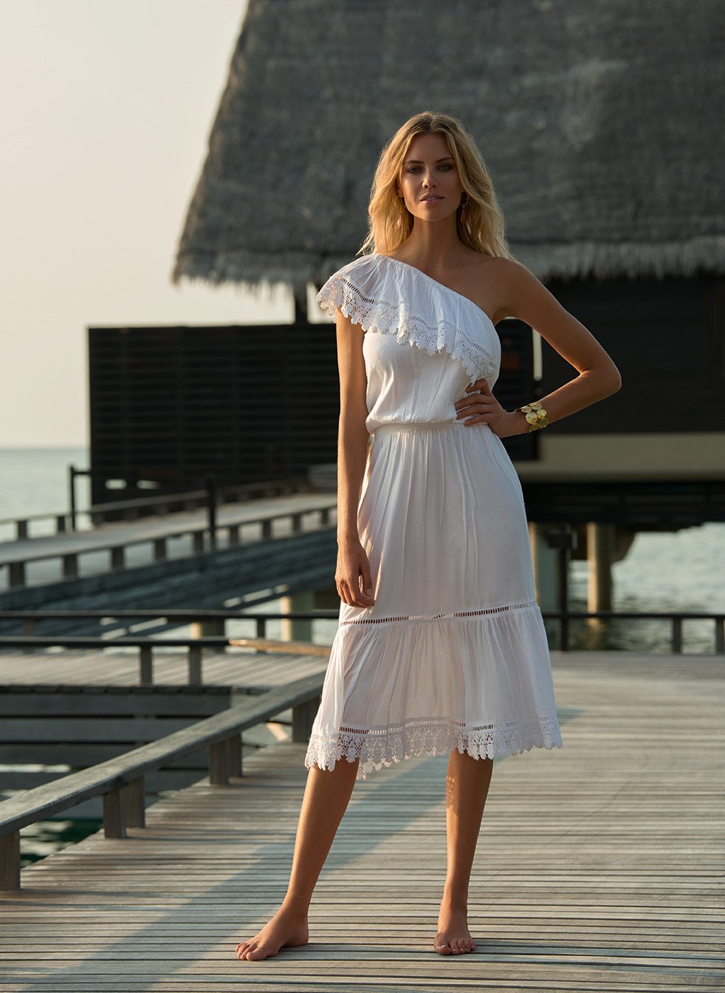 One shoulder frill midi dress online