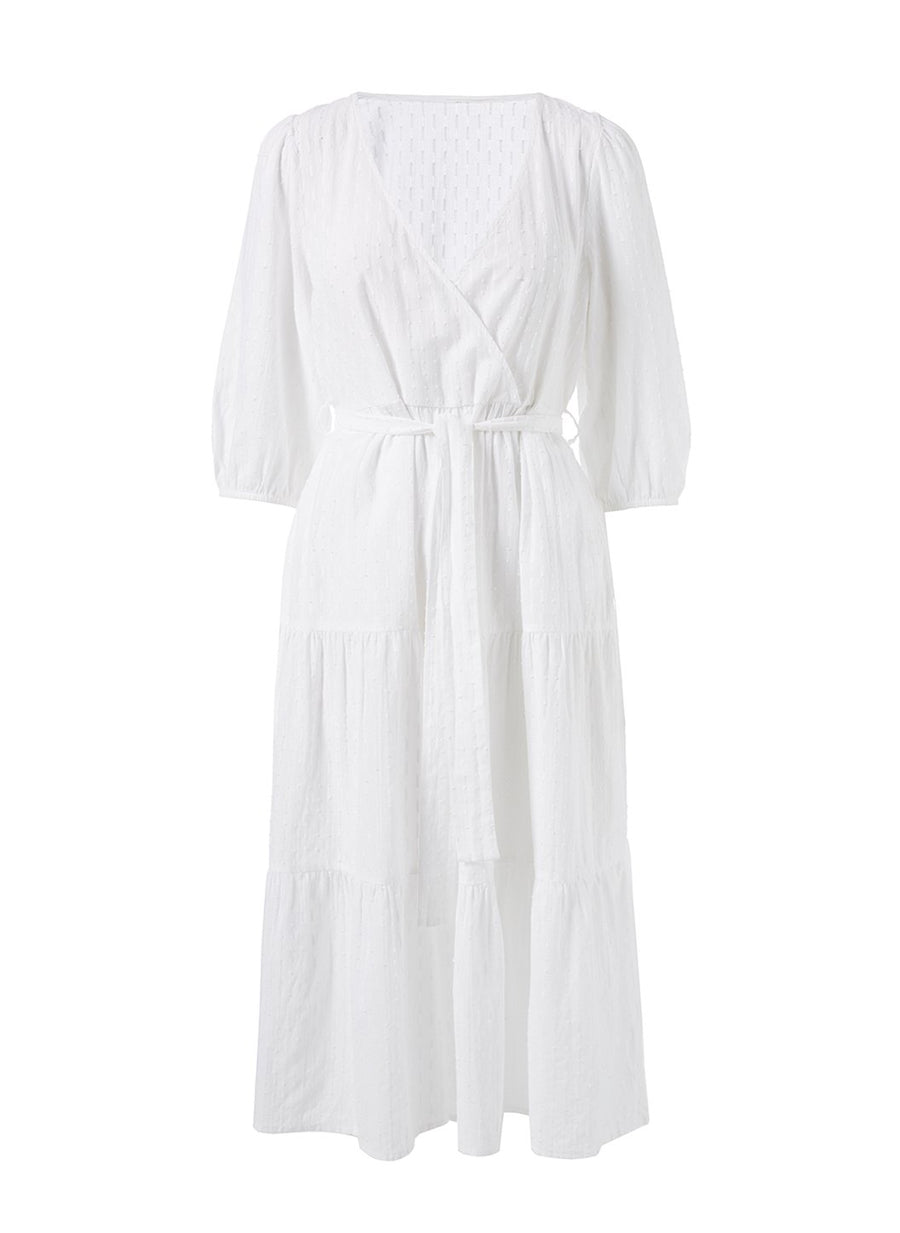 libby white belted v neck midi dress