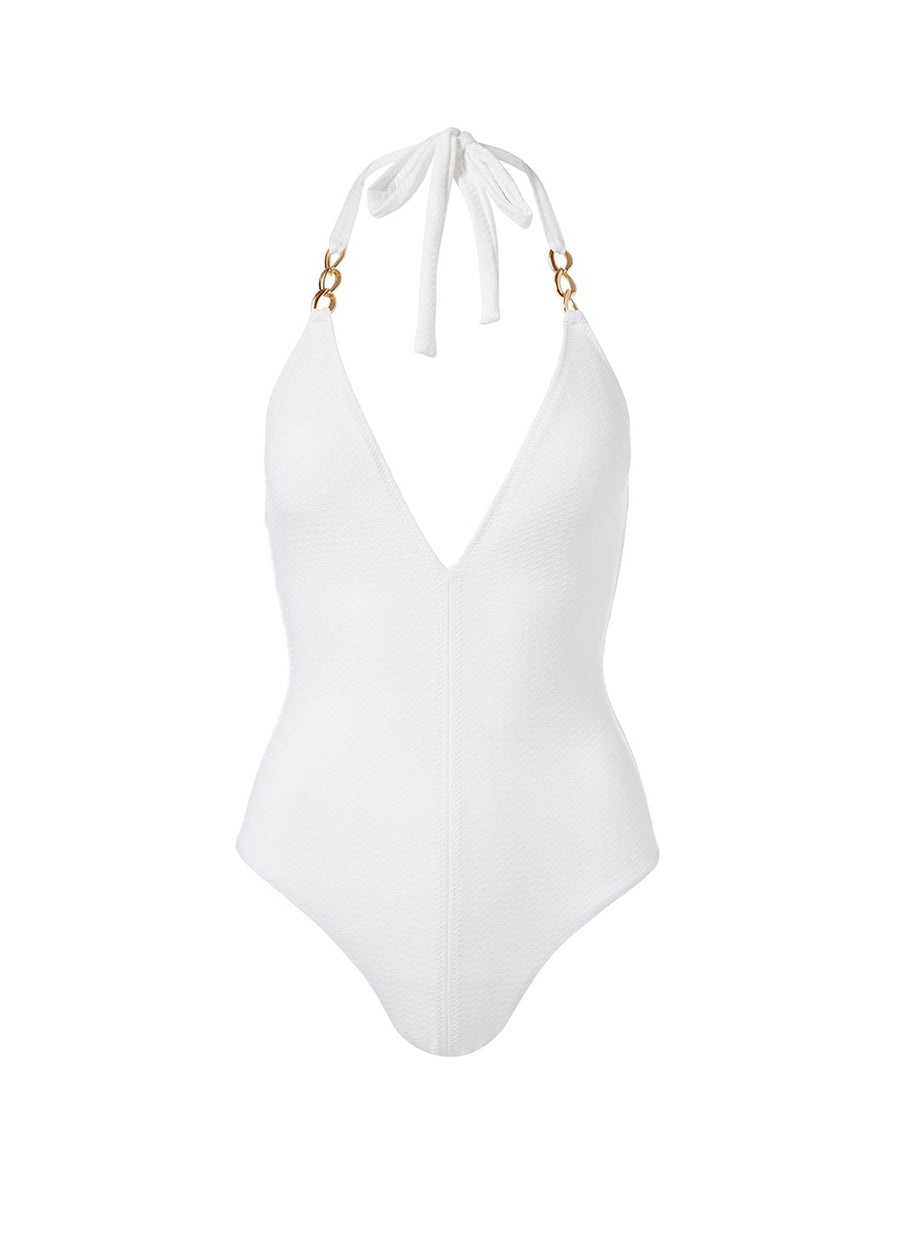 Melissa Odabash Naples White Mazy Link Trim Halterneck Swimsuit ...